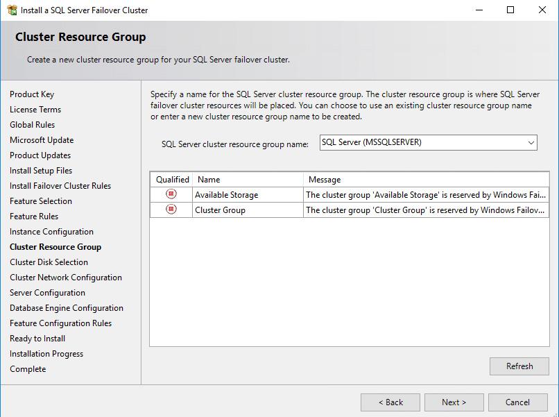 101. To make sure that a new Resource Group for the SQL Server Failover Cluster Instance can be created, check the resources availability in the Cluster Resource Group dialog box.