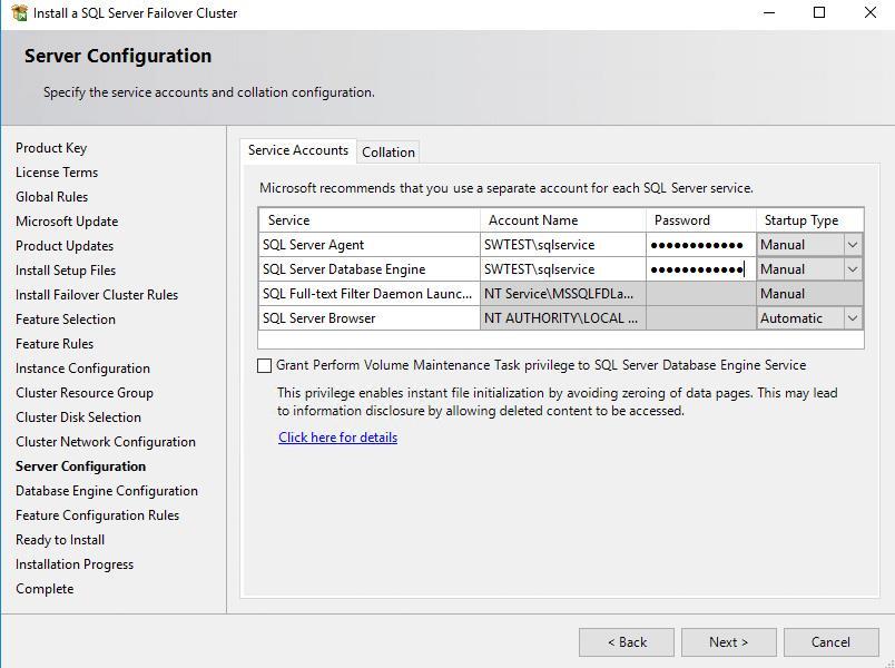 105. In the Server Configuration dialog box, use the following credentials for the SQL Server service accounts in the Service Accounts tab: SQL Server Agent: SWTEST\sqlservice SQL Server Database
