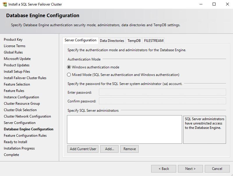 106. In the Database Engine Configuration dialog box, select the appropriate Authentication Mode in the Server Configuration tab.