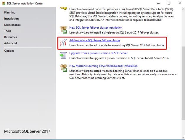 Adding Node to SQL Server 2017 Failover Cluster This part describes how to add a node to the SQL Server 2017 Failover Cluster default instance on Windows Server Failover Cluster.
