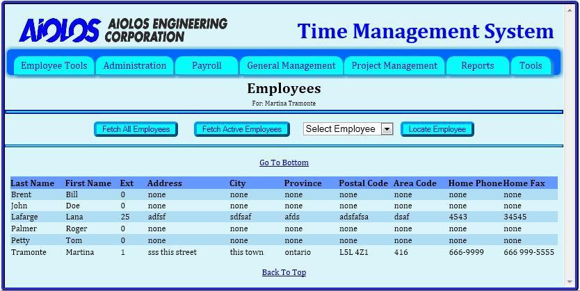 Employees The Employees option under Employee Tools in the Menu will display a web page containing information for all employees.