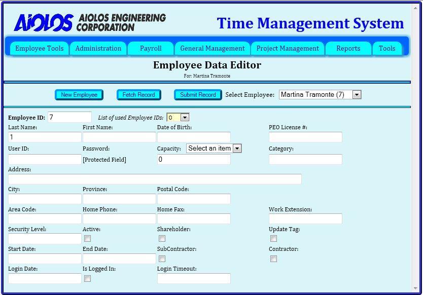 Except for the Employee ID, the Security Level and the Active tag, most of the data in this page is used for information lookup only. These three data items affect the behavior of this web site.