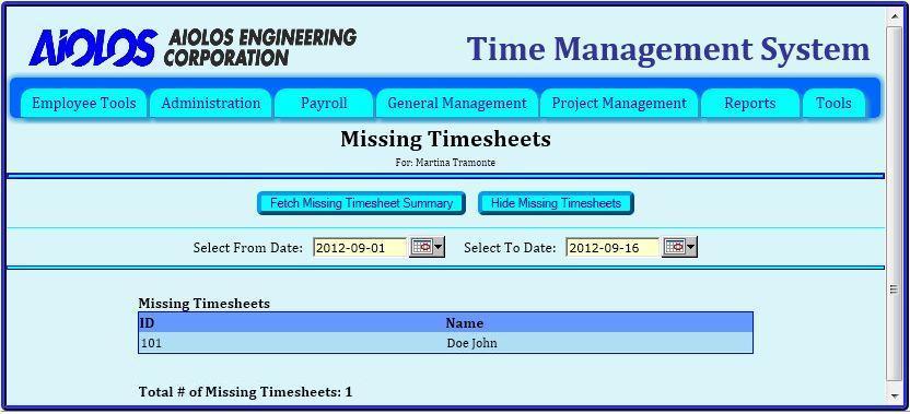 Figure 13: Missing Timesheets web page When the Missing Timesheets summary web page refreshes, it is loaded with a summary table showing all employees with missing Timesheet entries for the specified