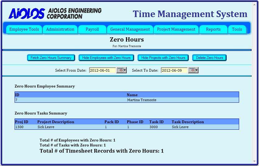 Figure 14: Zero Hours Summary web page When the Zero Hours summary web page refreshes, it is loaded with a summary table showing all employees with zero hours and a summary showing all project tasks