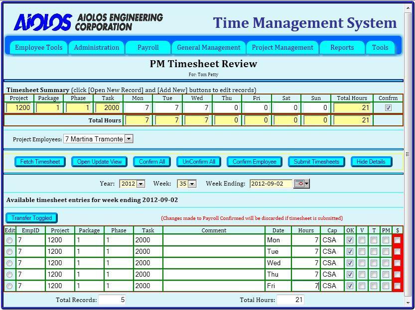 Figure 17: PM Timesheet Review web page detail view If you disagree with one of the Timesheet records, then you should click the Open Update View button to display the New/Toggled section.