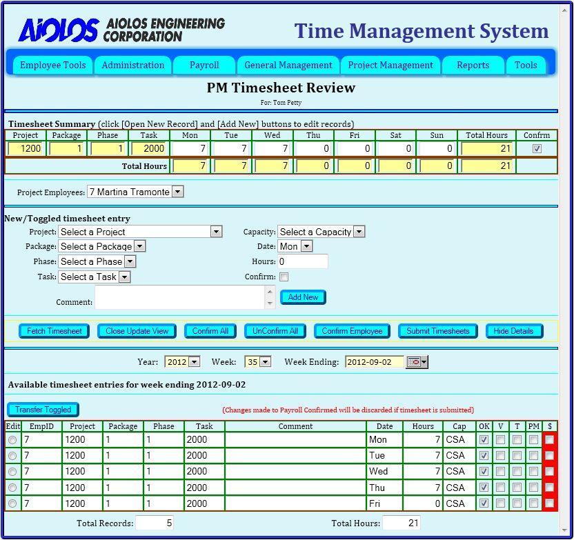 Project Management Figure 18: PM Timesheet Review web page - update view When you have finished making all of your adjustments, click the Submit Timesheets button to save the modified records to the