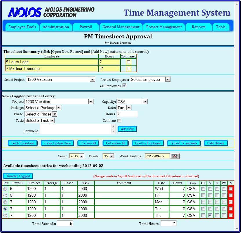 Figure 23: PM Timesheet Approval web page- Update view If you disagree with one of the Timesheet records in the Detail table, then you should click the Open Update View button to display the