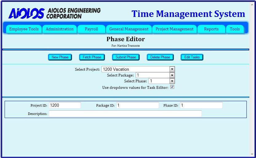 Figure 52: Phase Editor web page To add a new phase, do the following, 1. Enter the new phase ID into the Phase ID data box. 2. Add a Description if desired. 3.