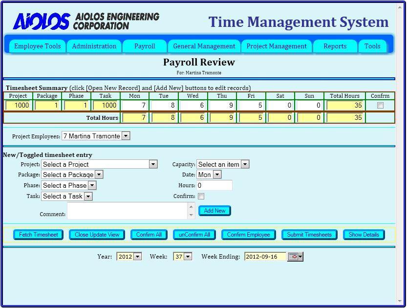 Figure 59: Payroll Review web page - Update View When you have finished making all of your adjustments, click the Submit Timesheets button to save the modified records to the database.
