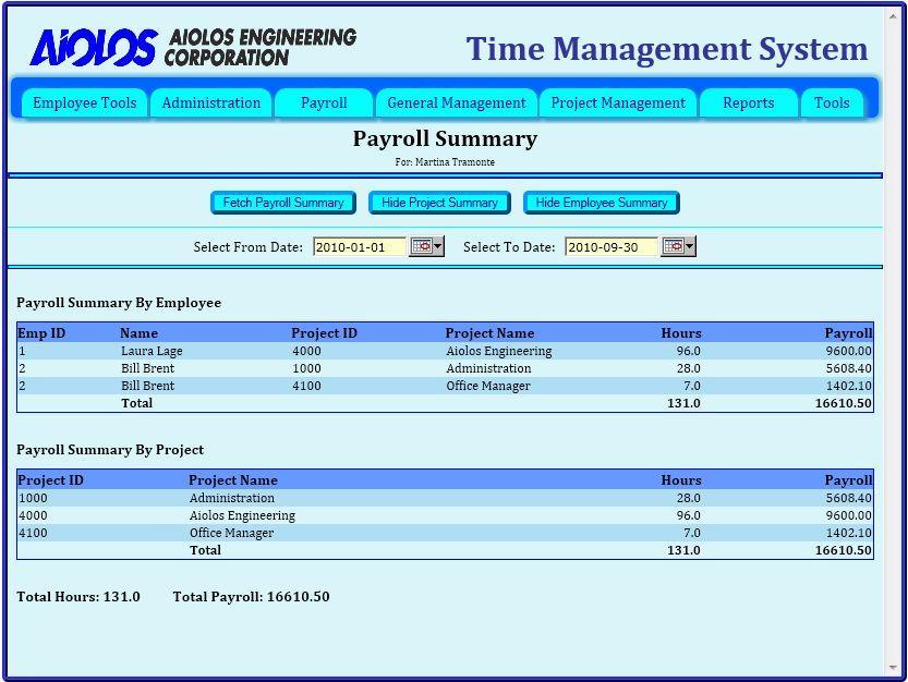 Figure 61: Payroll Summary web page - summary view The only criteria required for this web page are the From and To dates.