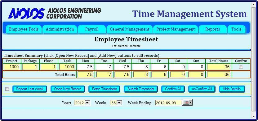 Timesheet The Timesheet option under the Employee Tools menu, will open up the Employee Timesheet web page.