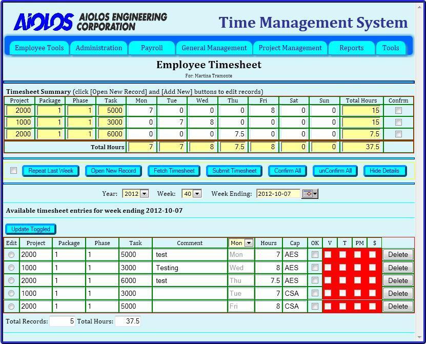 Figure 7: Employee Timesheet web page - Detail view In the Details section of the web page, the Confirm check box of the previous two views is displayed under the OK column.