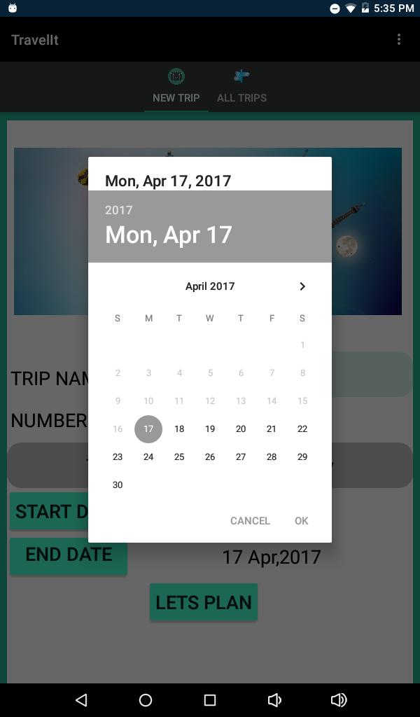 14 Figure 3.4.1.2 Main Screen with details. Figure 3.4.1.3 Calendar for setting date. 3.4.2 Place Planner Activity Screen Figure: 3.4.2 shows the Place Planner Activity screen which is the next