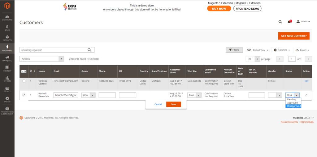 8 User Guide Customer Approval for Magento 2 Moreover, admin can have mass action: choose multiple customer accounts to