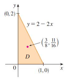 Example 2: Find the mass and center of mass of a triangular lamina with vertices (, ), (1, ), and (, 2) and density function ρ(x, y) = 1 + 3x + y.