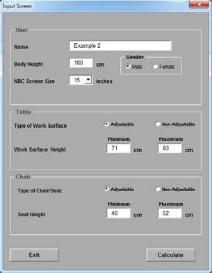 (a) Input Screen (b) Results Screen Figure 4: Example. This tall NBC user needs to set the NBC base tilt angle at 17, the screen angle at 115, and the distance between his body and NBC at 36 cm.