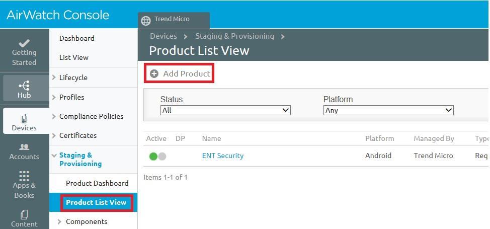 2. Configuring the Product. Follow the steps below: a. From the AirWatch console, go to Devices > Staging & Provisioning > Product List View. b. Click Add Product > Android.
