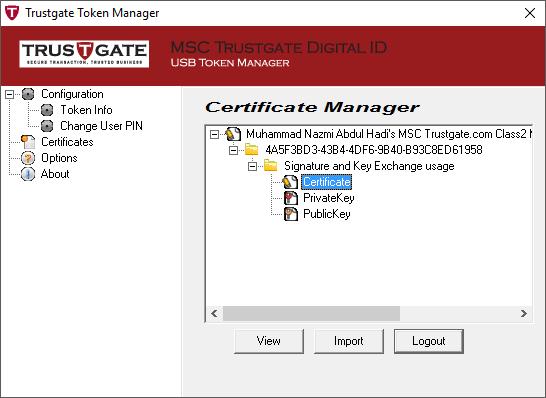 1 2 5) After login, user certificate will be displayed on Certificate Manager blank box.