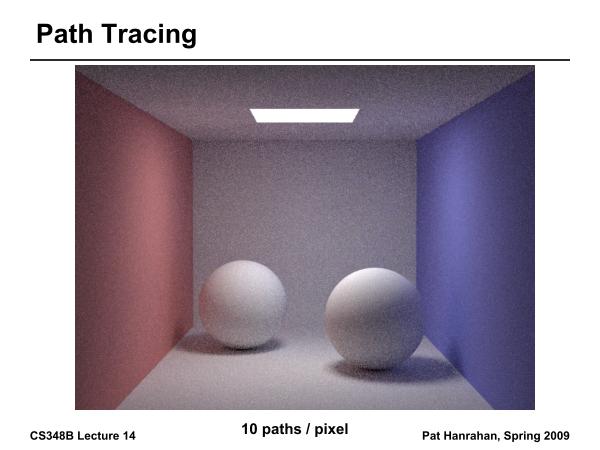 Simplest Monte Carlo Path Tracer For each pixel, cast n samples and average Choose a ray with p=camera, d=(θ,φ ) within pixel Pixel color += (1/n) * TracePath(p, d) TracePath(p, d) returns (r,g,b)