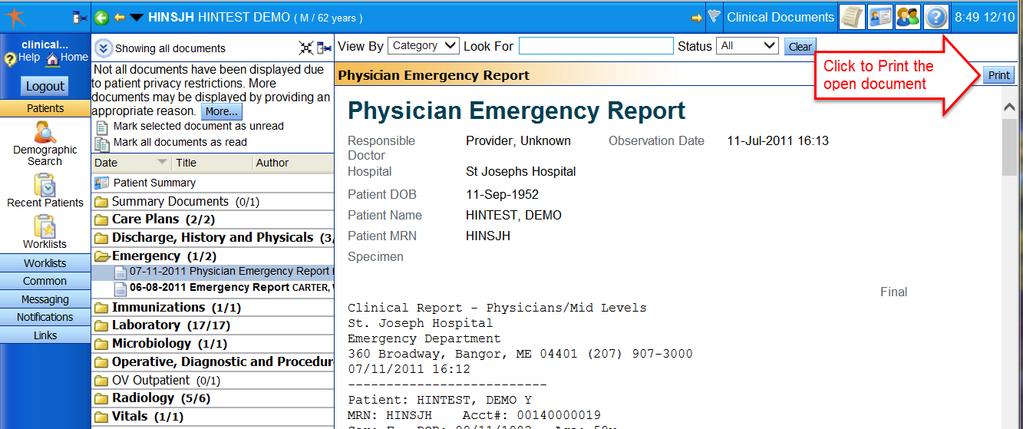 CLINICAL DOCUMENT TREE (Continued) Single click any Clinical Document folder to expand its list and single click a line item to display its contents.