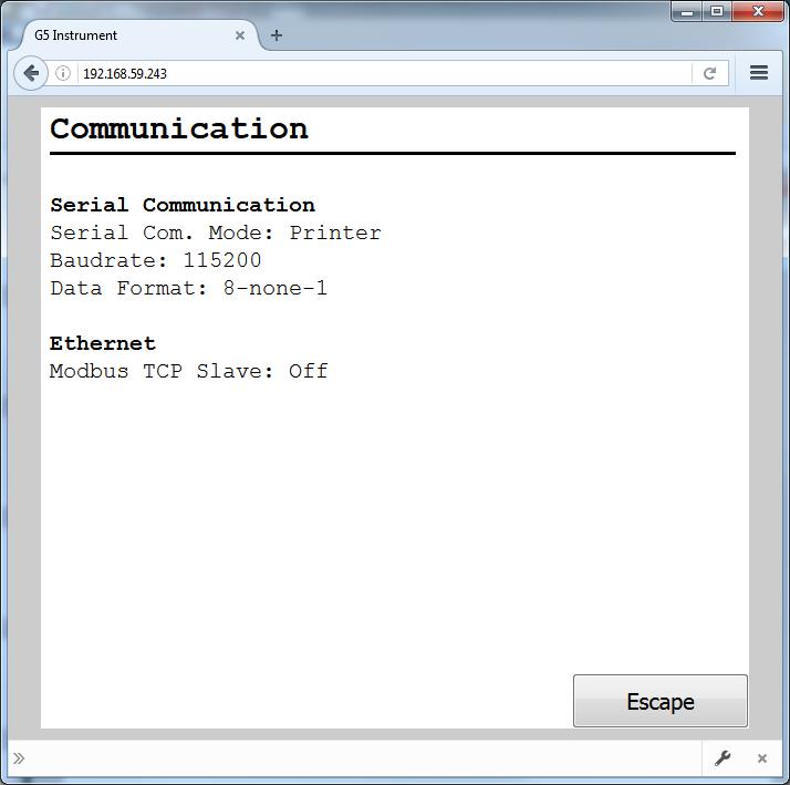 Technical Manual Communication This screen is showing status for the serial communication and the Modbus TCP Slave on the Ethernet interface.