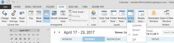 Chapter 2: Setting up the ContolPanel Go to your Calendar in Outlook Select View from the tabs at the top of your window 1. Choose the Work Week or Week icon on the ribbon 2.