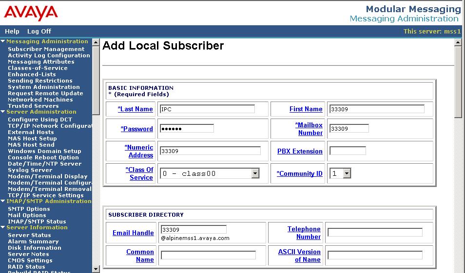 The Add Local Subscriber screen is displayed next. Enter the desired string into the Last Name, First Name, and Password fields.
