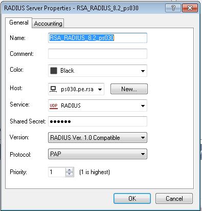 7. If you selected RADIUS the RADIUS Server Properties window will open. Add the Name, Host and Shared Secret and leave the other settings at default. 8. Click OK. 1.
