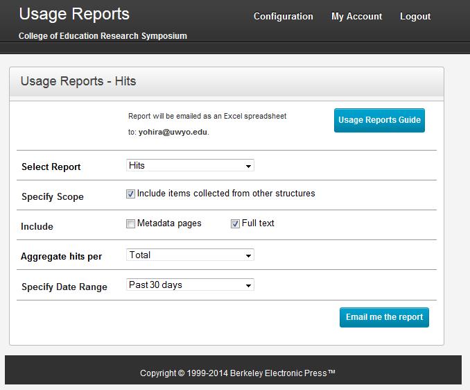 DC Usage Reports Reports for IR administrators Hit Reports, Full-Text and Additional File Download Reports, Referral Reports Reports for editors Publication Editor Report Reports for