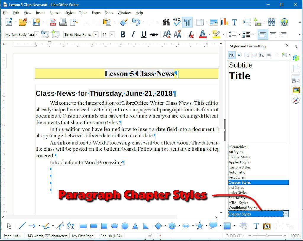 Place the text cursor in the Introduction to Word Processing paragraph. From the Paragraph Styles drop down list in the Text Formatting Toolbar, select the Title paragraph style.