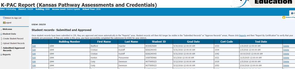 The Submitted Records page should now display all the student information that you have entered.