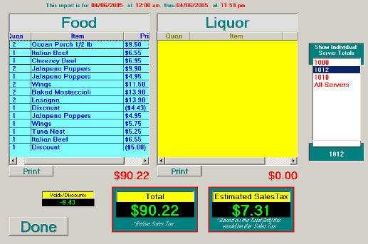 The Food vs Liquor button shows how much of each item was sold.