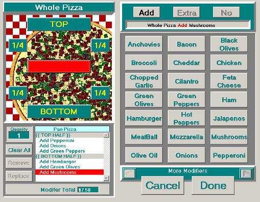 topping choices. When you get to the Modifying Screen, you will see a picture of a whole Pizza.