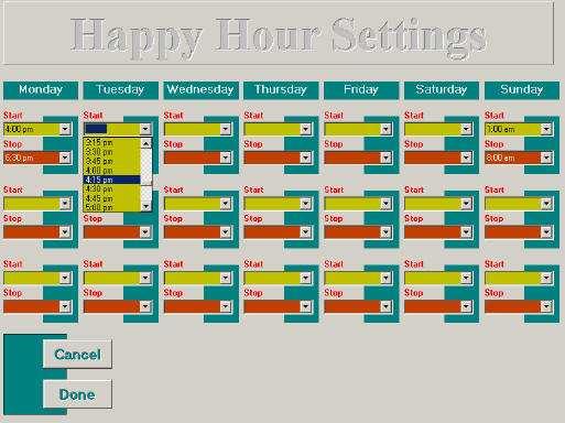 To enter Happy Hour Settings, simply use the Dropdowns and choose the start and end times for the special pricing.