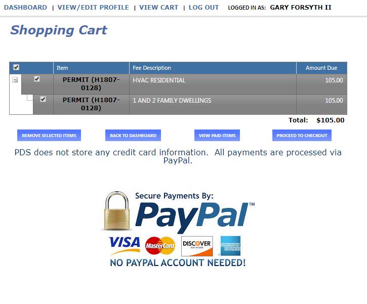 PAYING FEES SHOPPING CART AND PAYMENT SCREEN 1. Item selection check or uncheck boxes to select fees to add to shopping cart 2. Remove Selected Items removes items that have a checked box 3.