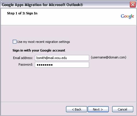 4. Account Migration a. Run the Step 3 icon from your desktop. b. Click Run c. Click Next d. Enter your username followed by @mail.