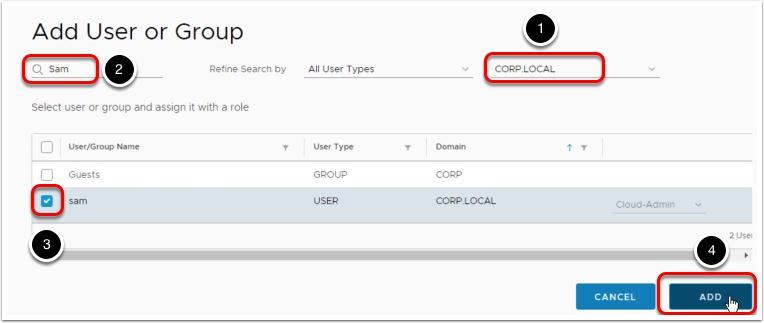 Add User or Group 1. Under the All Domains drop down, select the CORP.LOCAL domain. Press return when done. Select and Add User 1. Ensure that the CORP.LOCAL domain has been selected 2.