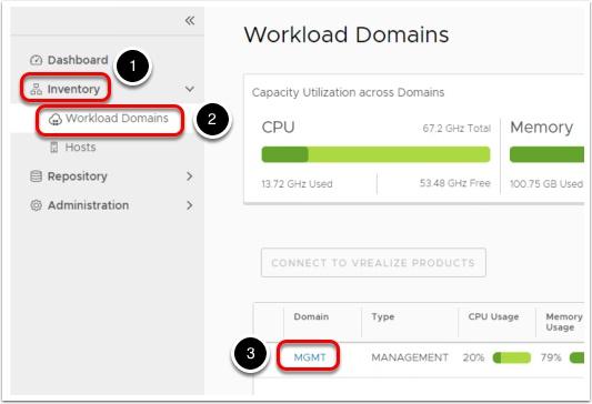 Verify Update has been Applied 1. From the main SDDC Manager Dashboard interface. Select the Inventory Menu item on the left side of the page. 2. Select the Workload Domains sub-menu item. 3.