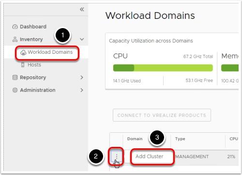 Create Cluster 1. To create a new cluster, from the left navigation window click the Workload Domains sub-menu item. 2.