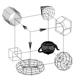 Figure 5.59. Wireframe drawing of various primitive shapes. Figure 5.60 shows the complete program to produce the drawing.