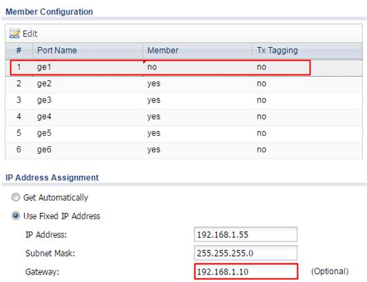 2 Set ge1 (P1) to not be vlan0 s member by selecting no in Member Configuration.