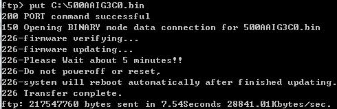 5 Enter put c:\500aaig3c0.bin and wait for the file transfer to complete.