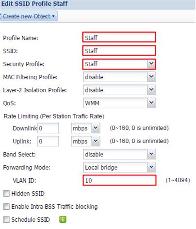 3 Go to CONFIGURATION > Object > AP Profile > SSID > SSID List and click Add to create a SSID for staff.