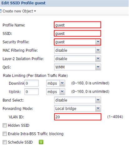 4 Click Add to create a SSID for guest in vlan20.