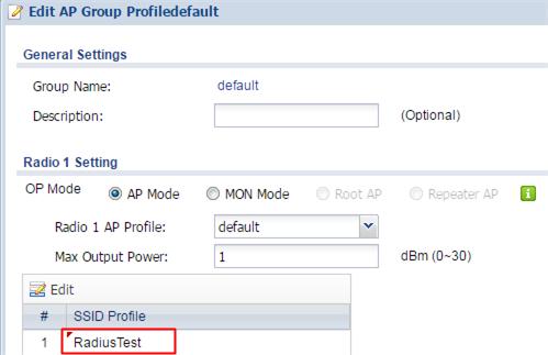 Click OK to save. 3 Go to CONFIGURATION > Wireless > AP Management > AP Group, click default to Edit.