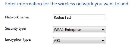 3 Key-in the SSID Network name and change the Security type to WAP2-Enterprise, and the Encryption type is AES. Click Next.