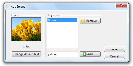 The Add Image window will appear, enabling you to change the default text and add keywords. Once the details are complete, click OK to save the image details.