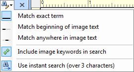Choose whether the search term should match the image's whole text (either default text or keyword), the beginning of the image's text or anywhere in the image's text.