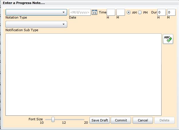 Entering a Progress Note Notation Type and Sub Type labels that generally defines the note contents. Date is entered by the user and should reflect the date referenced in the progress note.