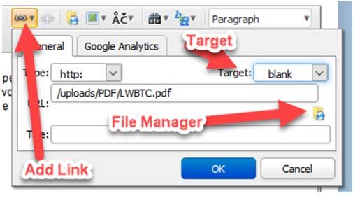 In the General Tab that shows click File Manager and click once on the PDF file you want to add. Click the Select button at the foot of the File Manager window.